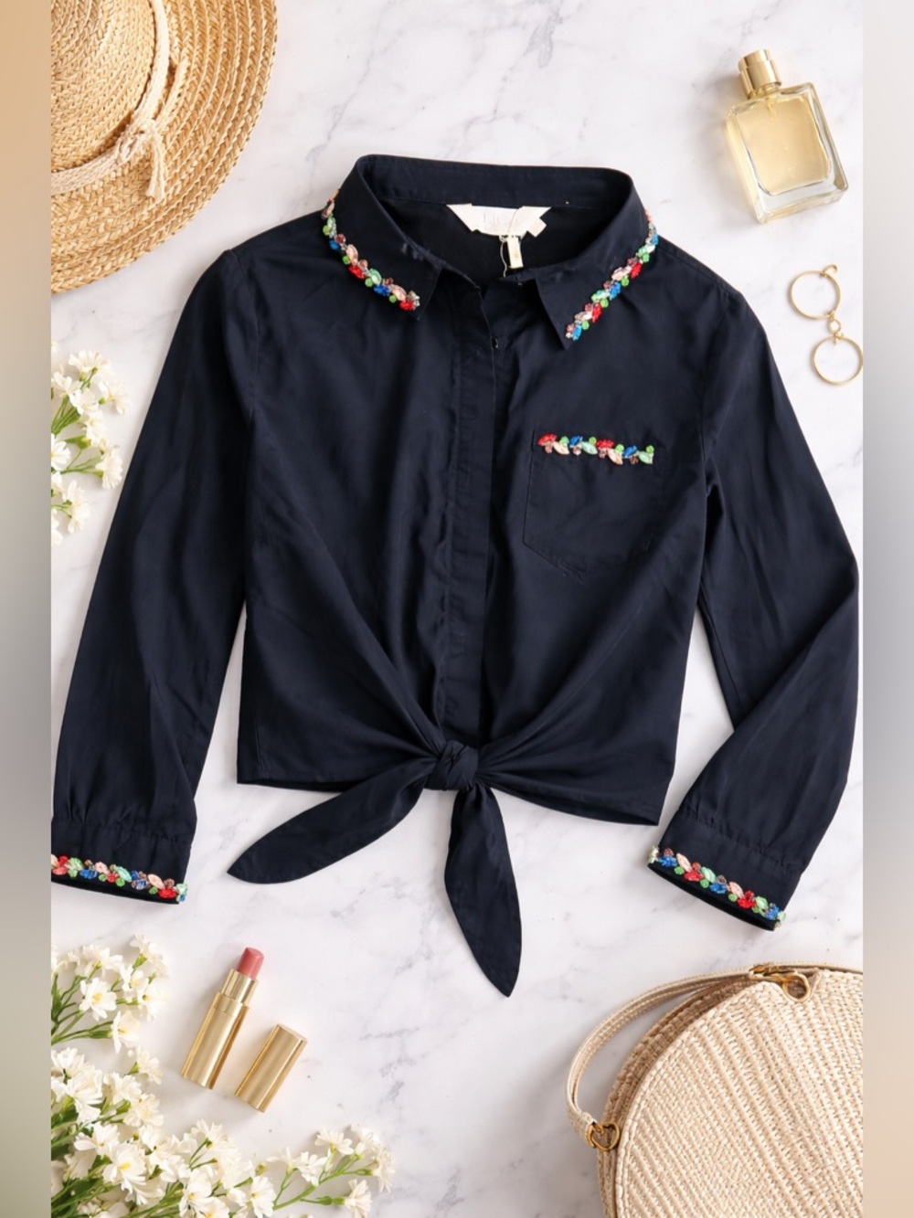 Women’s Navy Tie-Front Button Shirt with Embroidered Trim